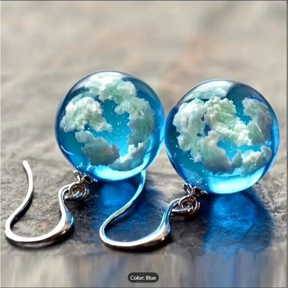 Blue Cloud Resin Drop Earrings – Handmade Sky Sphere Jewelry for Women & Girls - Picture 1 of 7